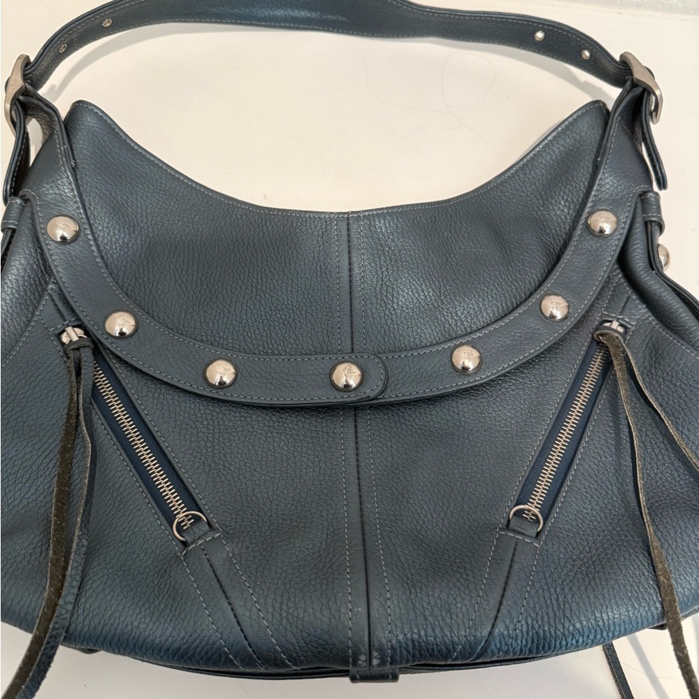 Botkier TRIGGER Mermaid Blue Moto Leather Hobo Shoulder Bag Studded Fringe - Picture 5 of 15